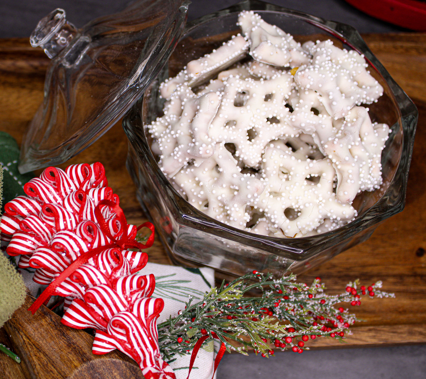 Snowflake Pretzels with Nonpareils