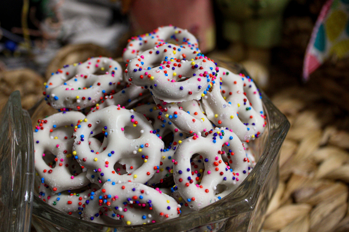 Mini White Pretzels w/ Rainbow Sprinkles